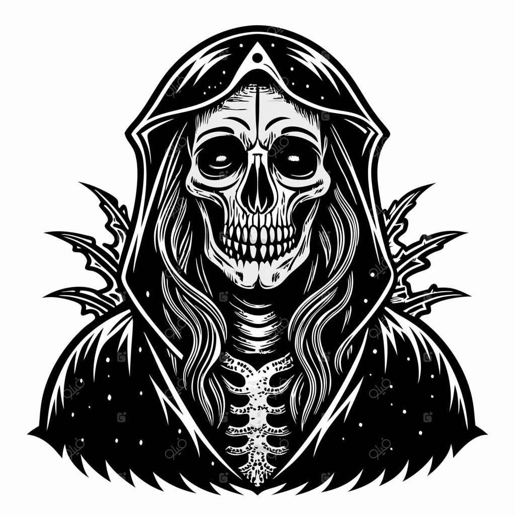 تصویرسازی فرشته مرگ با شنل کلاه‌دار و بال‌های اسکلتی