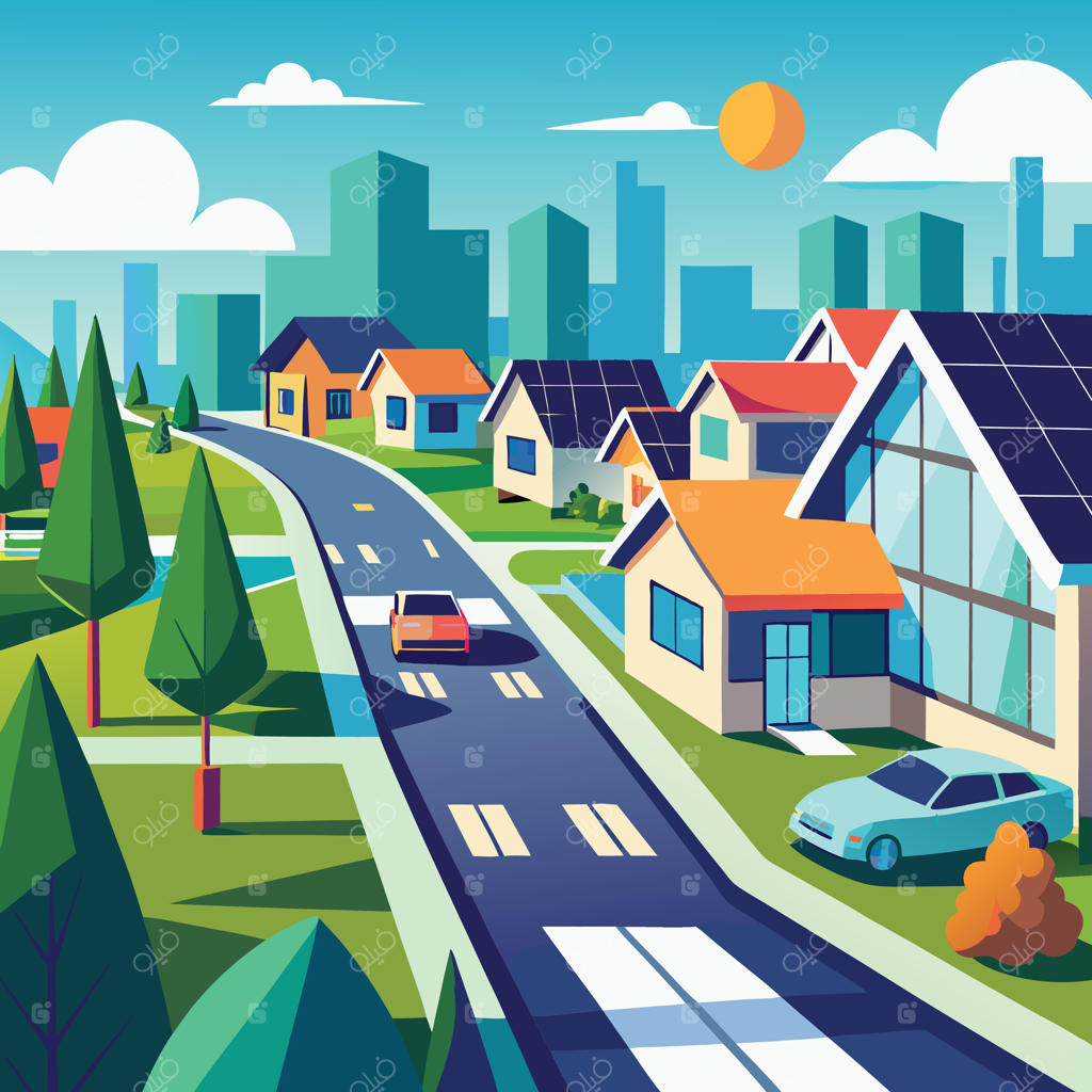 تصویری از یک شهر با خانه‌ها و ماشین‌ها