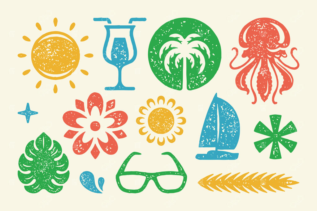 مجموعه نمادها و اشیای تابستانی: آفتاب گرمسیری با درخت نخل و گل شکوفا