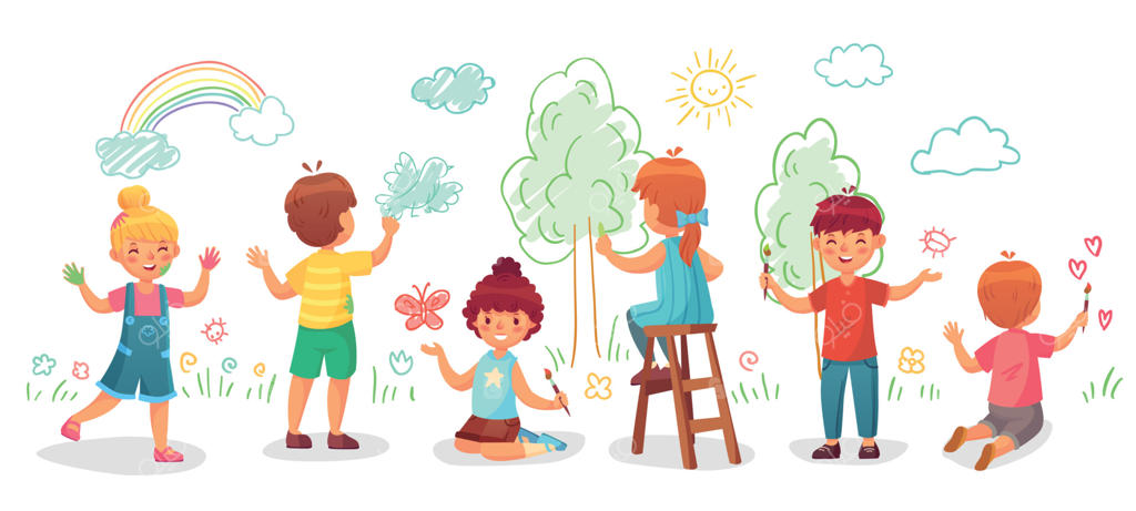 نقاشی بچه‌ها روی دیوار - گروه کودکان در حال کشیدن نقاشی‌های رنگی بر روی دیوارها، نقاشی کارتونی کودک، تصویرسازی وکتور