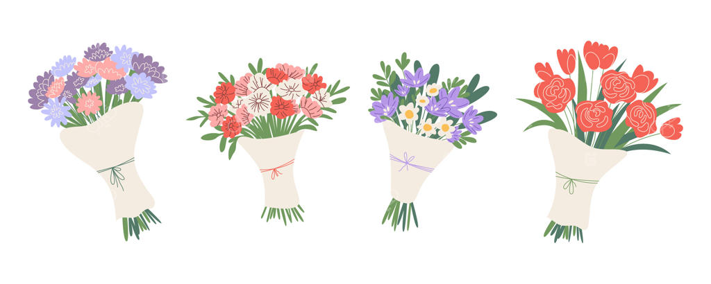 مجموعه‌ای از دسته‌گل‌های زیبا با گل‌های تازه بهاری و تابستانی. ایده‌آل برای جشن‌ها، تعطیلات و مناسب برای کارت‌ها، دعوت‌نامه‌ها، تزئینات یا برچسب‌ها. طراحی مدرن و شیک با دست.