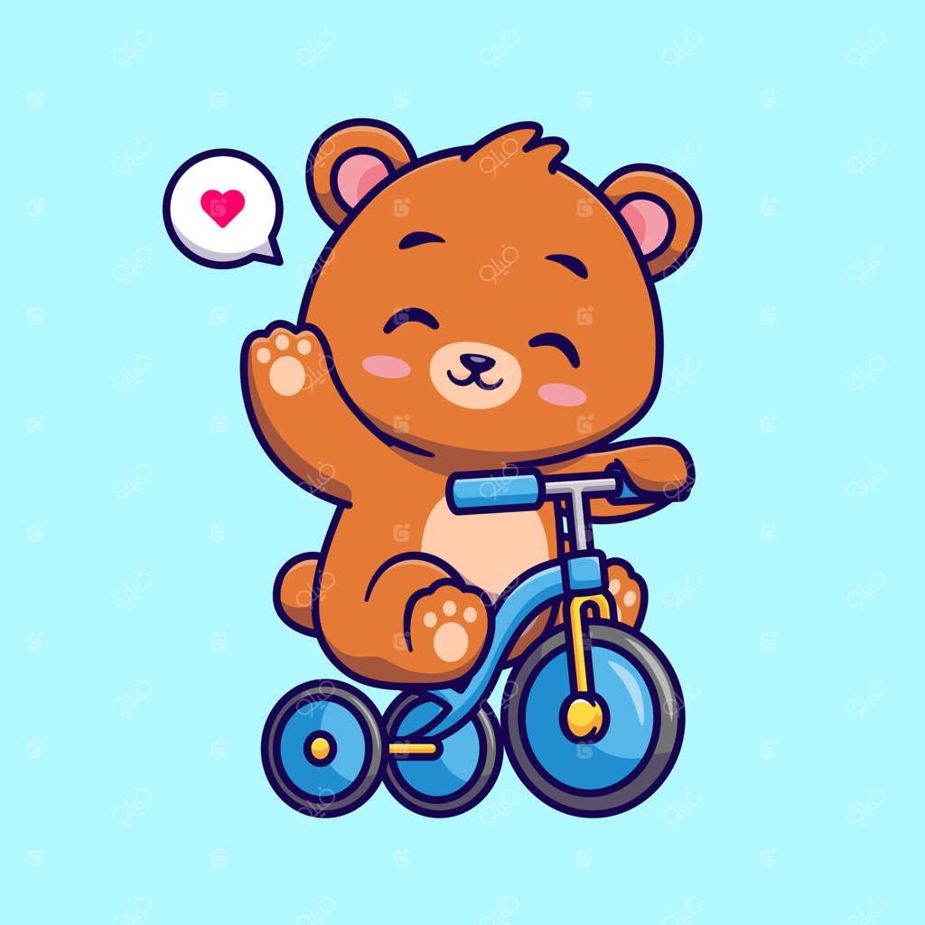 آیکون وکتور کارتونی خرس بامزه در حال دوچرخه‌سواری و دست تکان دادن. حیوانات و حمل و نقل