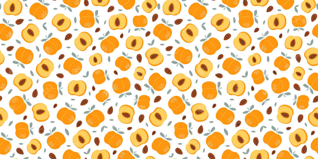 هلو، برش‌های زردآلو و میوه‌های کامل: پترن یکپارچه با میوه‌های ساده و انتزاعی همراه با برگ‌ها و هسته‌ها. غذای طبیعی ویتامینه و گیاهی، برداشت از باغ. پس‌زمینه رنگی و تکراری.