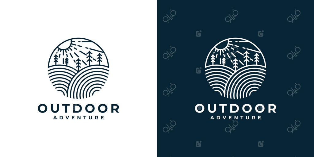 لوگوی منظره طبیعت با درخت و طلوع یا غروب خورشید با طراحی تک‌خطی و سبک وینتیج