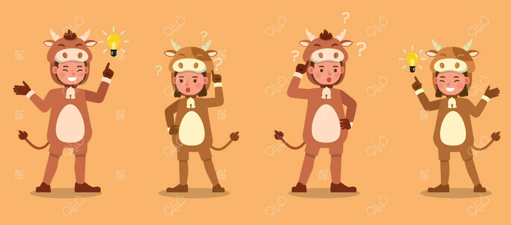 شخصیت پسر و دختری با لباس گاو: ارائه در حالت‌ها و احساسات مختلف.