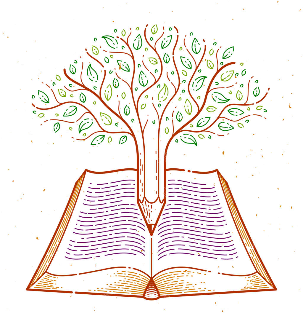 درخت ترکیب شده با مداد روی کتاب قدیمی باز: مفهوم دانش در زمینه آموزش یا علم، لوگو یا نشان وکتوری از ادبیات آموزشی یا علمی.