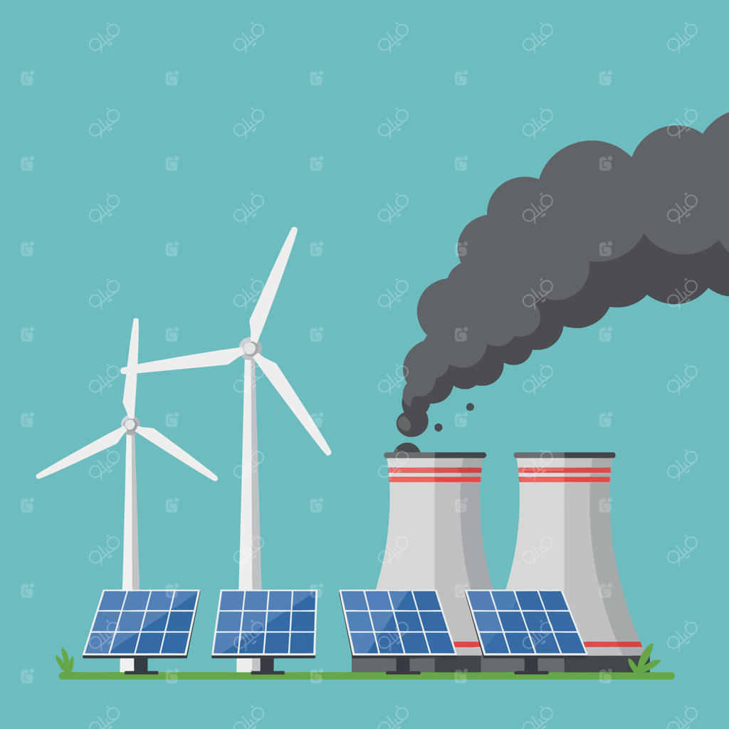 توربین‌های بادی و پنل‌های خورشیدی با دود برج‌های خنک‌کننده در هنر تخت