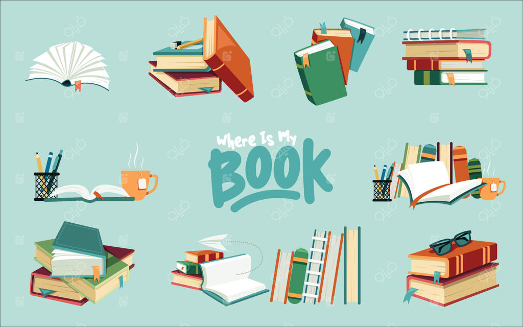 کتاب‌های باز و بسته، دسته‌های کتاب در کتابخانه، و پشته‌های کتاب. رمان با نشان‌گذار. کتاب‌های درسی برای خواندن و آموزش. مجموعهٔ ادبیات. کتاب‌های آموزشی دانشگاهی برای مدرسه یا دانشگاه.