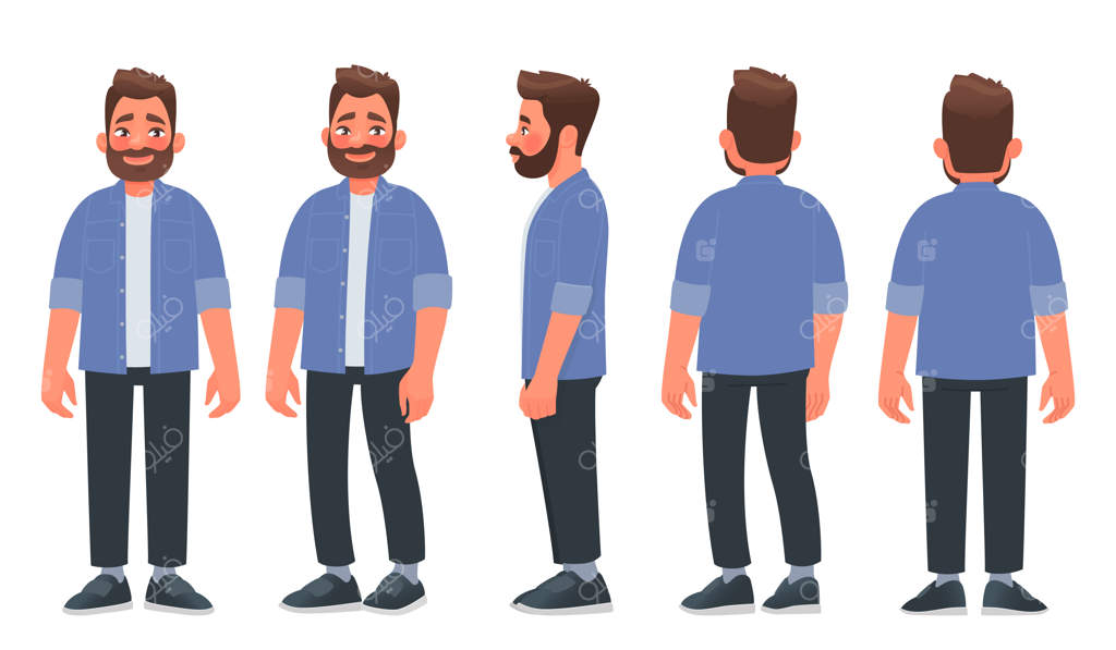 مرد ریش‌دار با لباس‌های راحت: نمای جلو، کنار و پشت سر