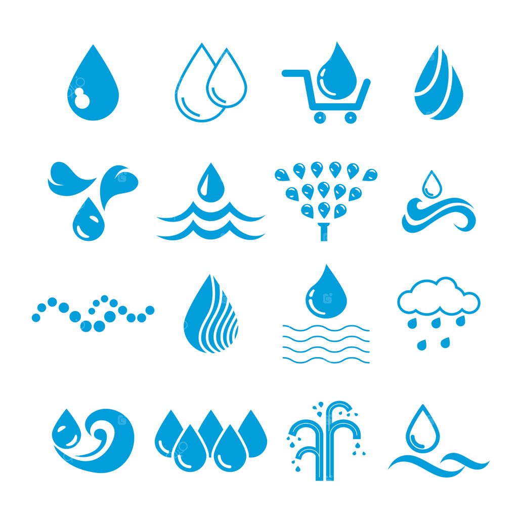 قطره آب، پاشش آب، موج، باران و آبیاری؛ مجموعه نمادهای آب