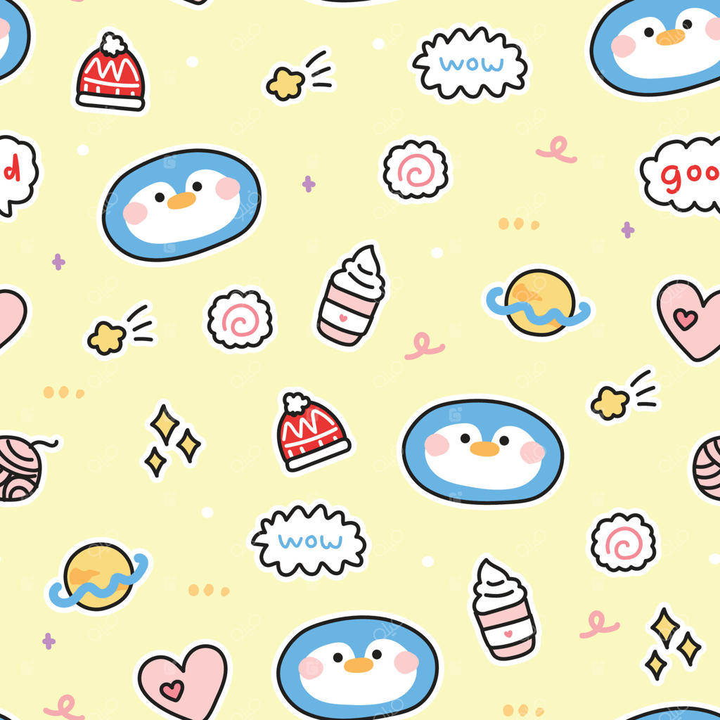 پترن یکپارچه چهره پنگوئن بامزه با پس‌زمینه نمادهای کوچک پاستلی. ستاره، قهوه، سیاره، قلب به‌صورت دست‌کشیده. شخصیت کارتونی حیوانی. کاوایی. تصویرسازی.