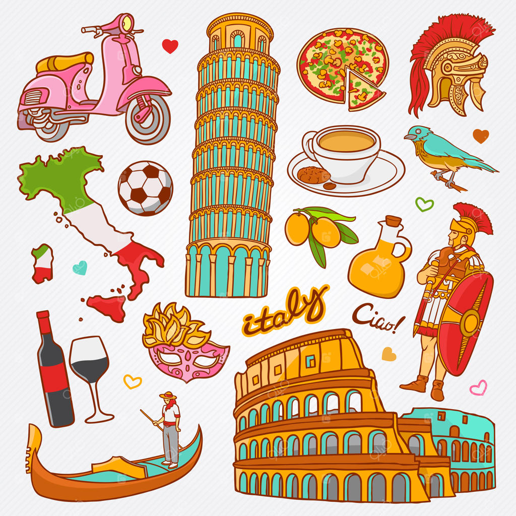 مجموعه طراحی وکتور از نمادهای طبیعت و فرهنگ ایتالیا
