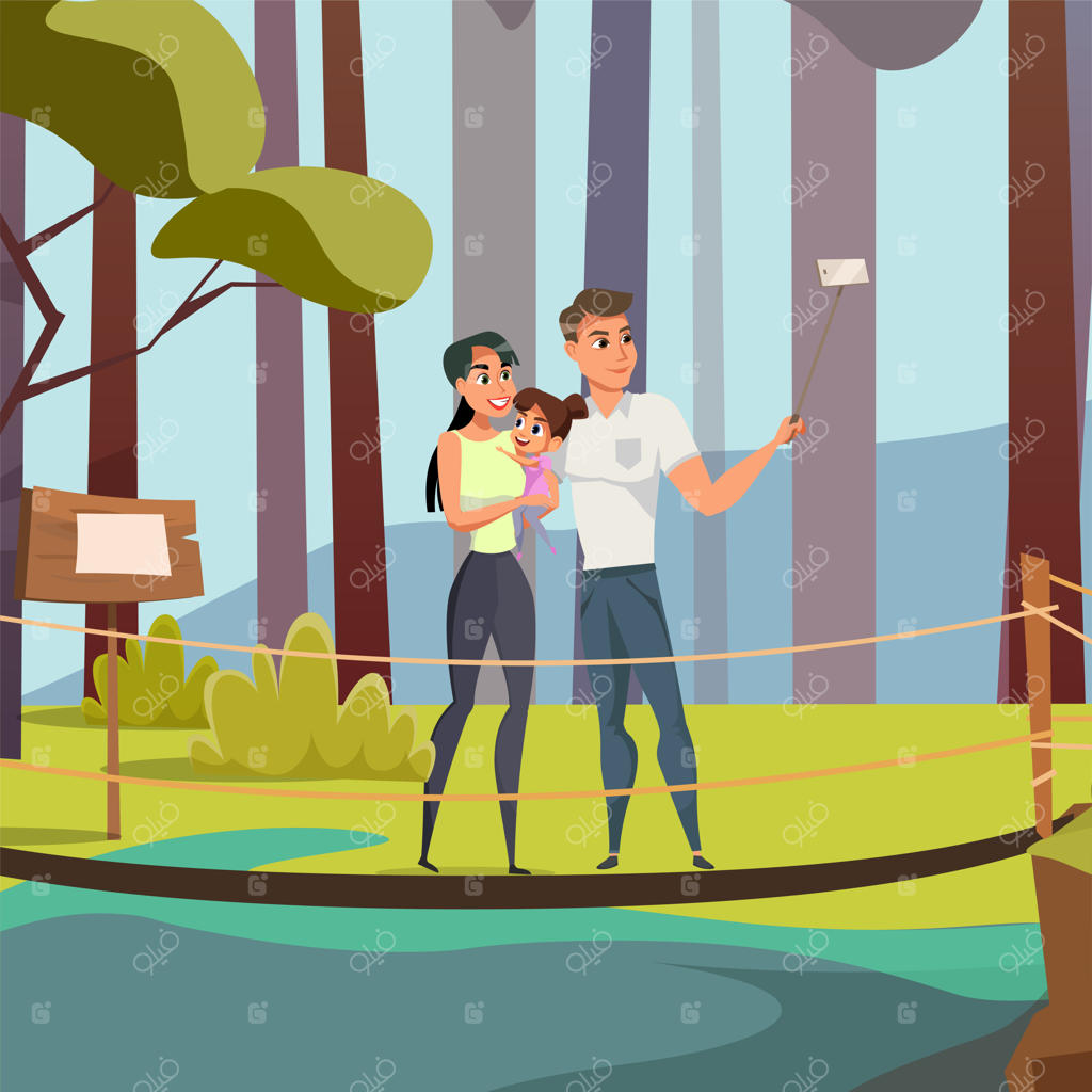 تصویر خانواده در ذخیره‌گاه طبیعی: مادر و پدر جوان با دختر کوچک‌شان، شخصیت‌های کارتونی والدین خوشحال با فرزند در حال گرفتن سلفی در پارک و تفریح در جنگل استوایی