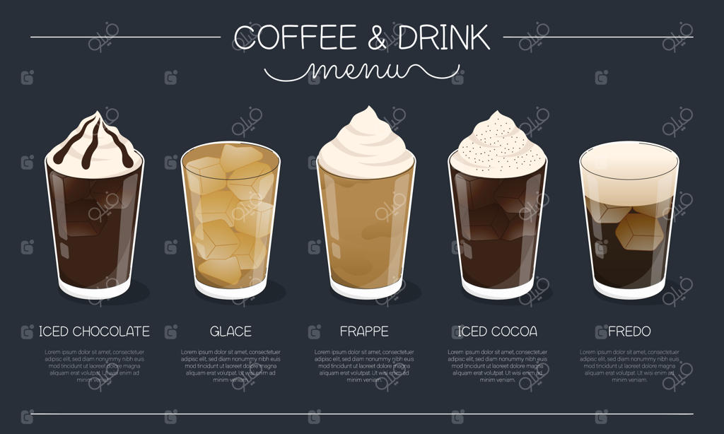 تصویر منوی قهوه و نوشیدنی با انواع مختلف قهوه یخی و نوشیدنی‌ها روی پس‌زمینه آبی تیره