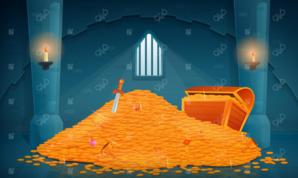 نمای داخلی خزانه‌ی یک قلعه باستانی مملو از طلا و جواهرات، تصویرسازی