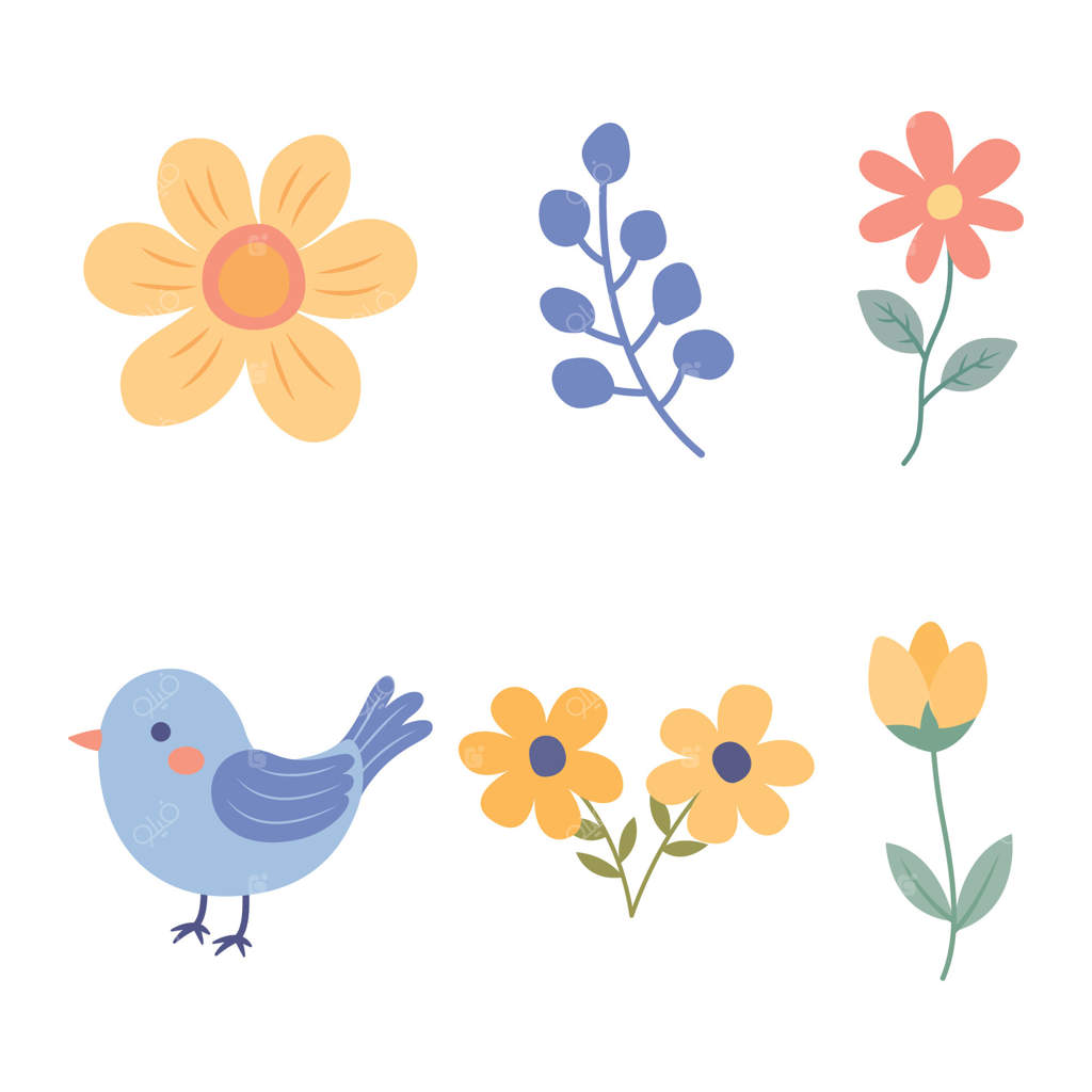 مجموعه عناصر پرندگان و شکوفه‌های طبیعی در گل و گیاه‌شناسی باغ