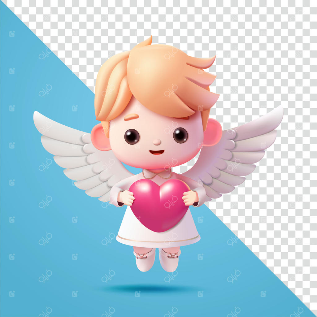 کودک فرشته‌مانند بامزه با قلب، سه‌بعدی. مناسب برای رویدادها، تبلیغات، ولنتاین و عشق