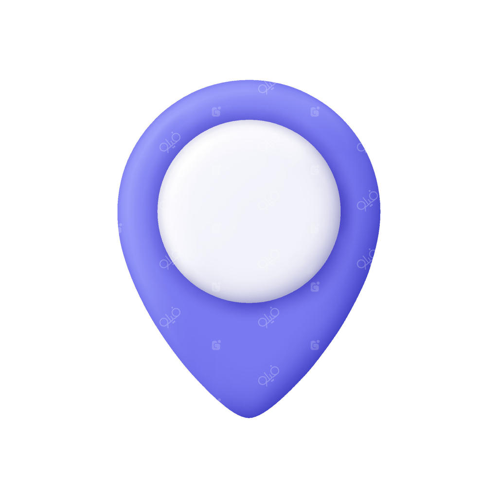 پین نقشه بنفش با مرکز سفید: نماد مکان‌یابی، جهت‌یابی و خدمات سفر در سبک کارتونی سه‌بعدی.