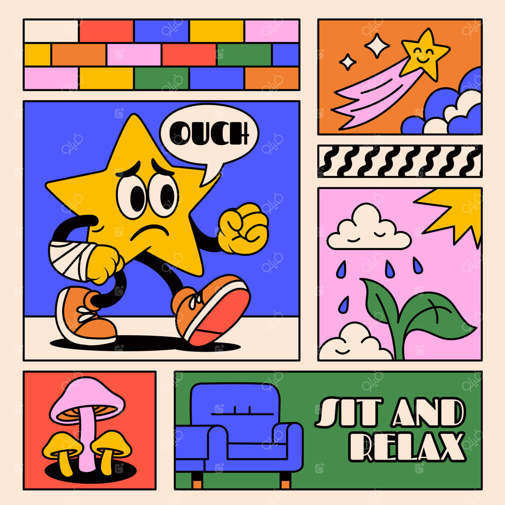 ستاره کارتونی با دست آسیب‌دیده و حبابی که می‌گوید «آخ»