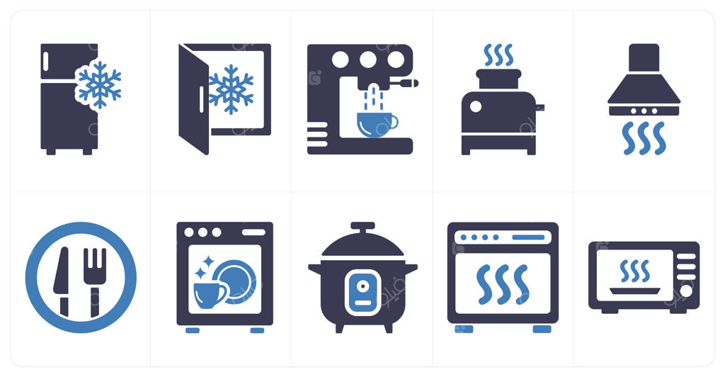 مجموعه‌ای از ۱۰ آیکون لوازم خانگی شامل یخچال، فریزر، قهوه‌ساز با رنگ آبی پر شده