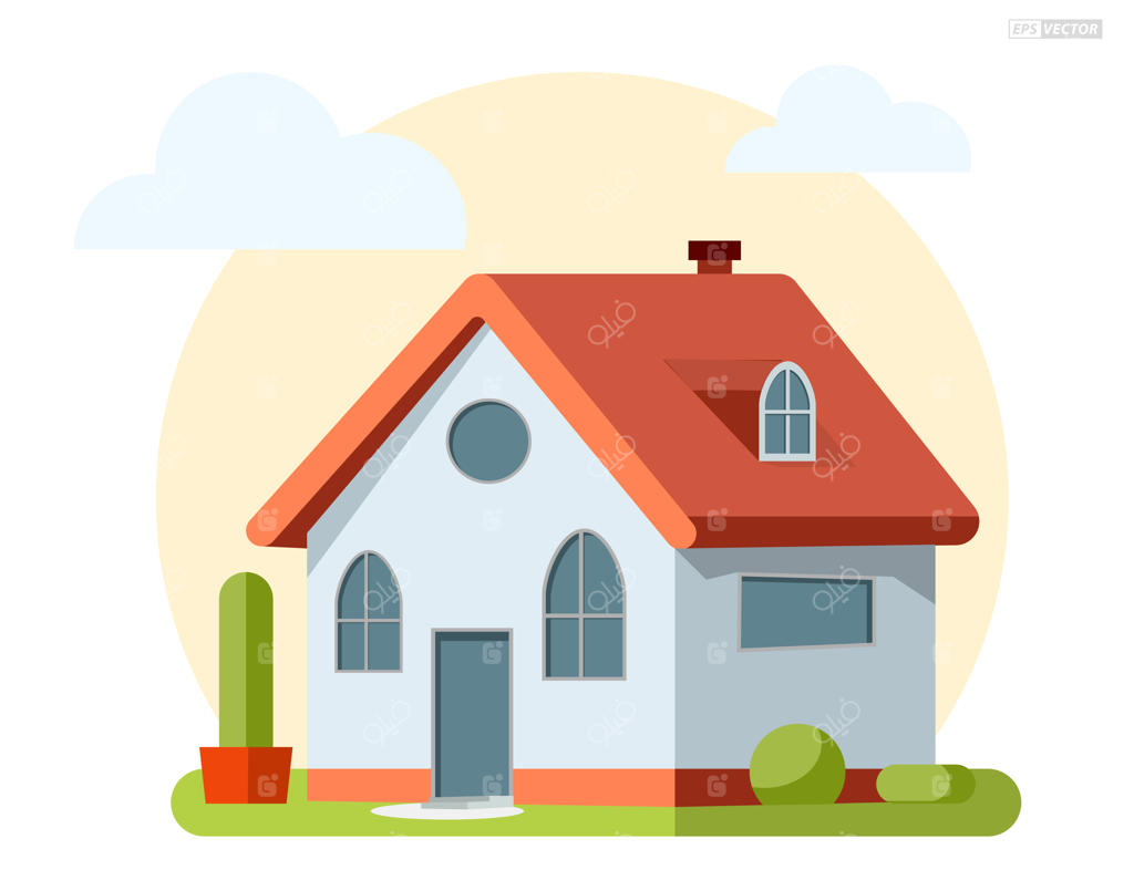 تصویرسازی سه‌بعدی کارتونی و تخت از یک خانه ساده و دوست‌داشتنی