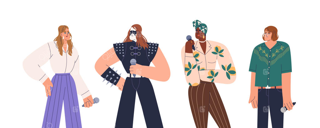 مجموعه‌ای از خوانندگان مختلف: هنرمندان آواز با میکروفون. خوانندگان مرد و زن آهنگ‌های پاپ، متال، راک، سول و ایندی اجرا می‌کنند. تصاویر گرافیکی فلت وکتور، جداشده روی زمینه سفید.