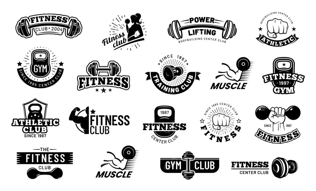 لوگوهای کلاسیک باشگاه‌های بدنسازی: مجموعه سیاه و سفید با تصویر هالتر، دمبل، کتل‌بل و بازوهای قوی. طرحی نوستالژیک مناسب برای برندینگ باشگاه، لباس ورزشی و مکمل‌های ورزشی. برچسب‌ها