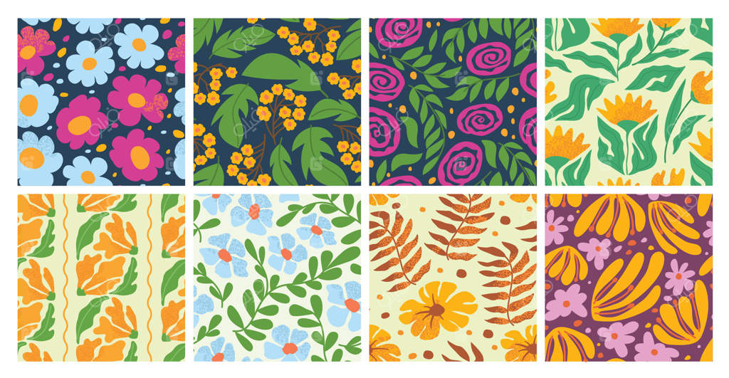 الگوهای یکپارچه گل‌های انتزاعی. شکوفه‌های گل و برگ‌های دست‌کشیده، طرح‌های گیاهی بهاری و شکوفه‌های باغ. مجموعه‌ای از پس‌زمینه‌های با الهام از طبیعت