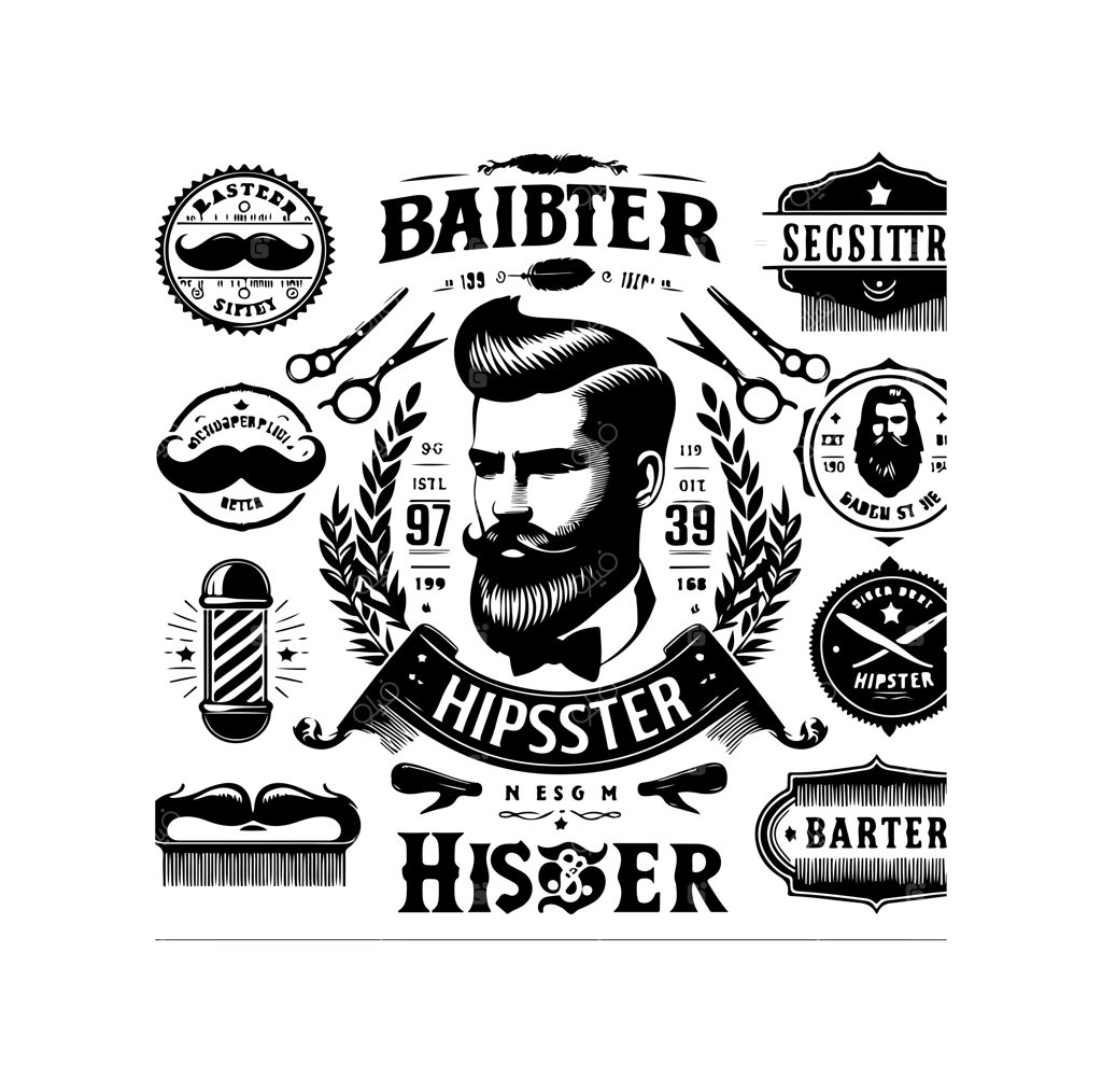 وکتور لوگو و نشان وینتیج آرایشگاه مردانه هیپستری، شامل طرح ریش فر، سبیل، قیچی و تیغ اصلاح