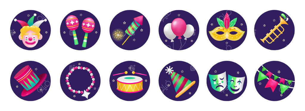 کارناوال ماردی گرا: آیکون‌های سه‌بعدی دلقک‌ها، ماراکا، آتش‌بازی، ماسک، گردنبند، کلاه، طبل و بادکنک‌ها