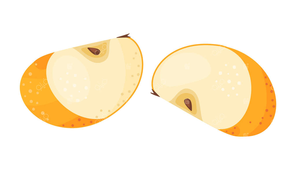 برش‌های دو تکه سیب زرد رسیده، میوه‌ای تازه از باغ. کلیپ‌آرت غذایی دست‌کشیده. تکه‌های سیب زرد تازه، به سبک مسطح و با زمینه شفاف. تصویر سیب زرد "گلدن دلیشز"