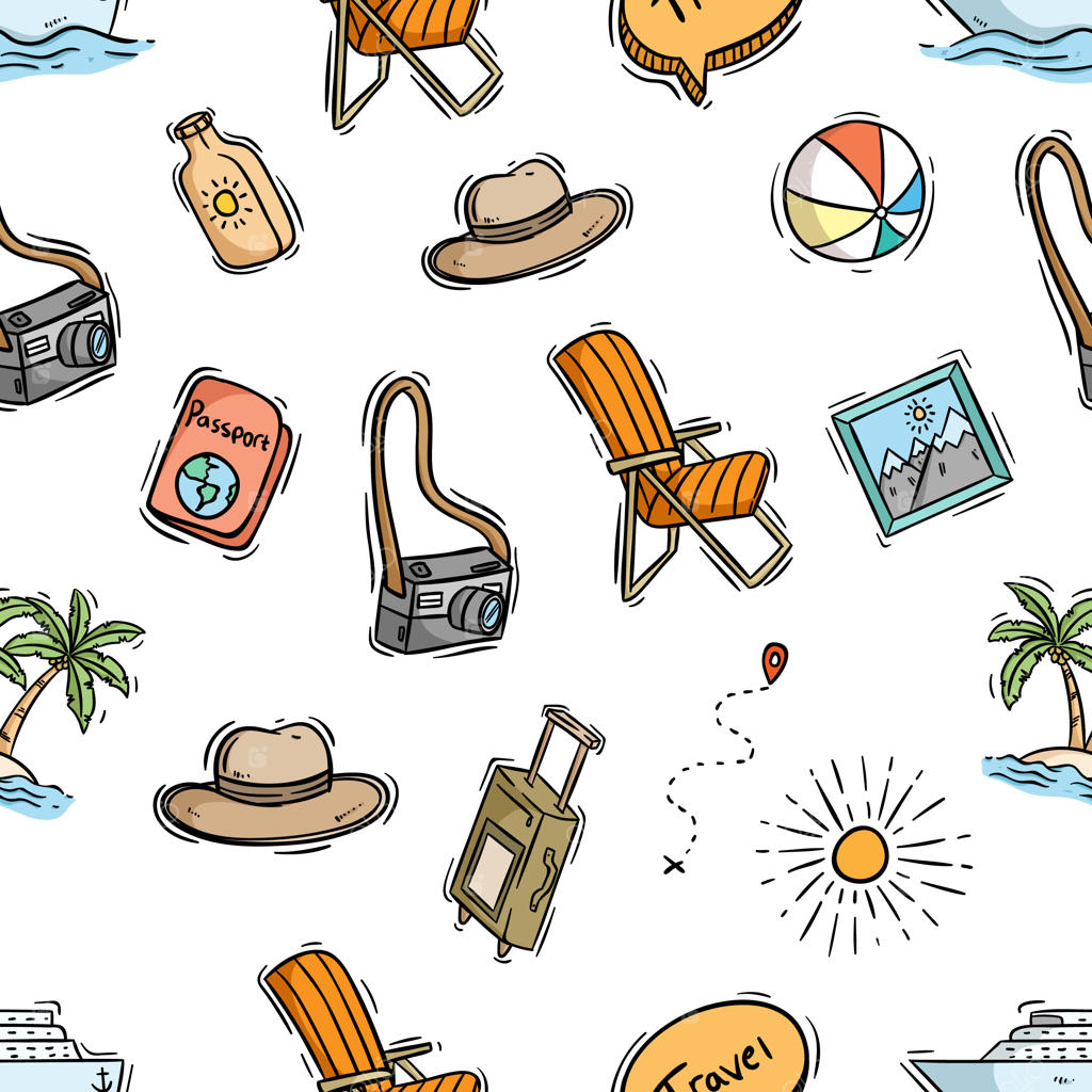 پترن یکپارچه از عناصر سفر با سبک رنگی و نقاشی دستی