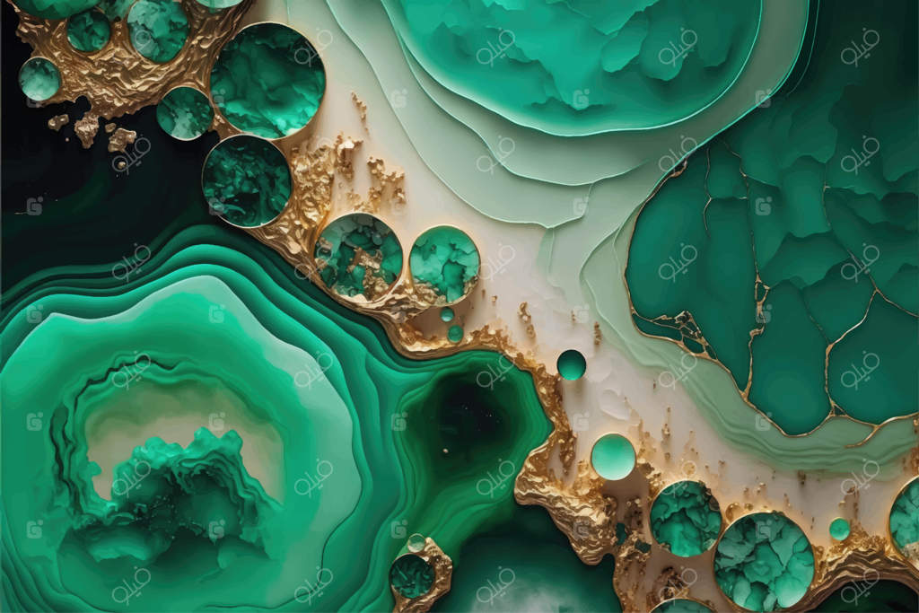 پس‌زمینه آبی فیروزه‌ای و نعناعی طرح مرمر آبرنگی با خطوط طلایی و لکه‌های قلم‌مو