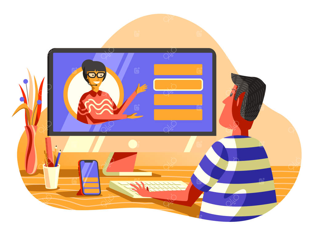 تصویرسازی دستیار آنلاین، کمک به مشتری از طریق تماس ویدیویی.