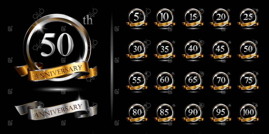 مجموعه لوگوی سالگرد نقره‌ای و طلایی، طراحی جشن با حلقه و روبان.