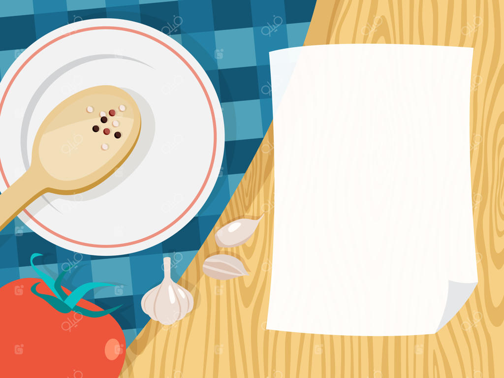 برگه کاغذ سفید خالی برای دستور پخت، صفحه منو با پس‌زمینه آشپزخانه، تصویرسازی