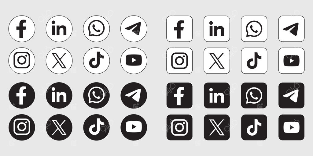 مجموعه وکتور آیکون‌های محبوب شبکه‌های اجتماعی در اشکال گرد و مربعی