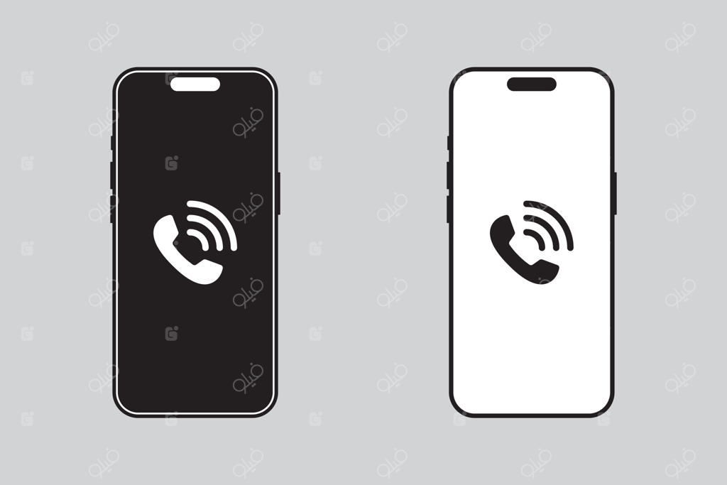 دو گوشی هوشمند با آیکون تماس، یکی سیاه روی سفید و دیگری سفید روی سیاه