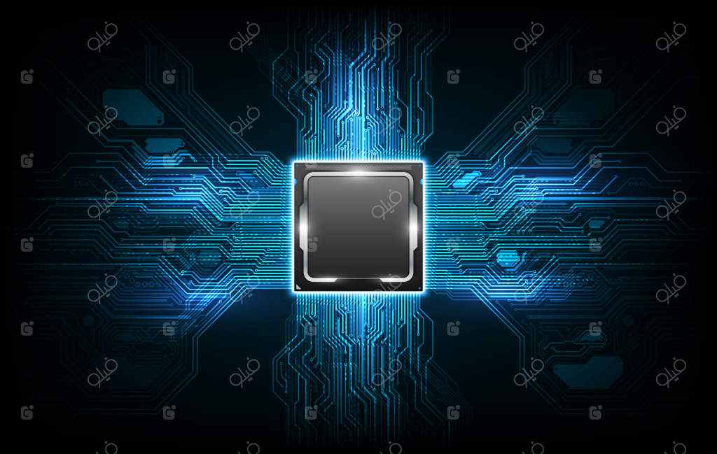 پس‌زمینه انتزاعی تراشه تکنولوژی و کد اچ‌تی‌ام‌ال، برد مدار و تصویرسازی سه‌بعدی تکنولوژی با رنگ آبی.