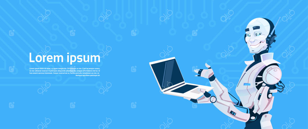 ربات مدرن با استفاده از لپ‌تاپ، فناوری پیشرفته هوش مصنوعی آینده‌نگر