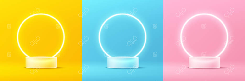 مجموعه‌ای از استوانه‌های شفاف شیشه‌ای سه‌بعدی با حلقه نئون درخشان و صحنه پس‌زمینه پاستلی