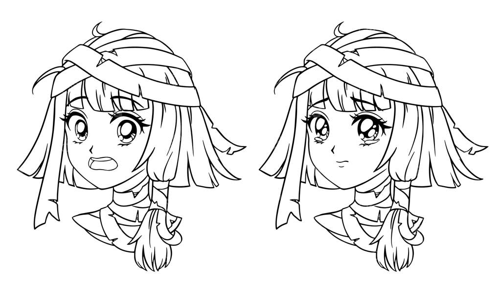 مجموعه‌ای از پرتره دختر مومیایی بامزه مانگا: دو حالت چهره مختلف.