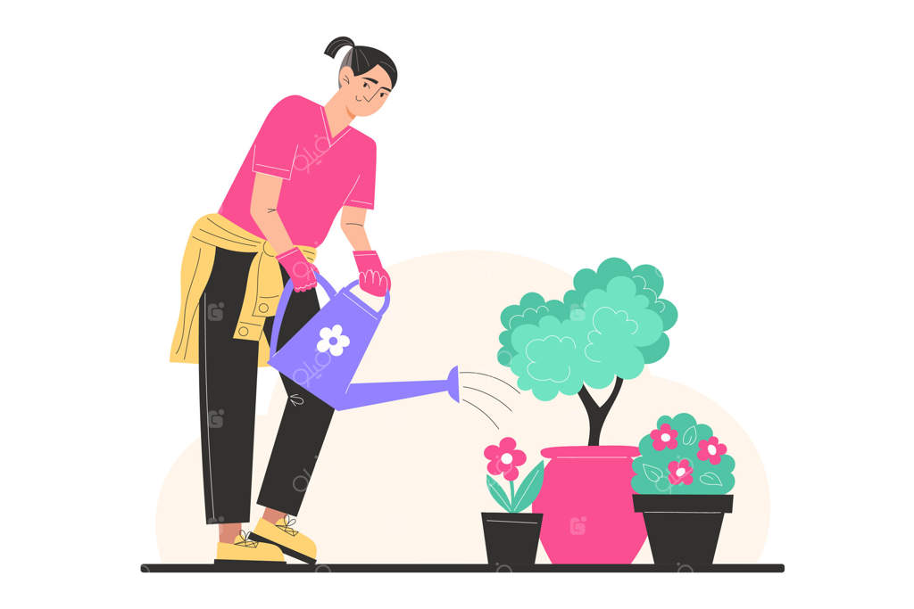 جوانی گل‌های باغچه را در گلدانی آبیاری می‌کند