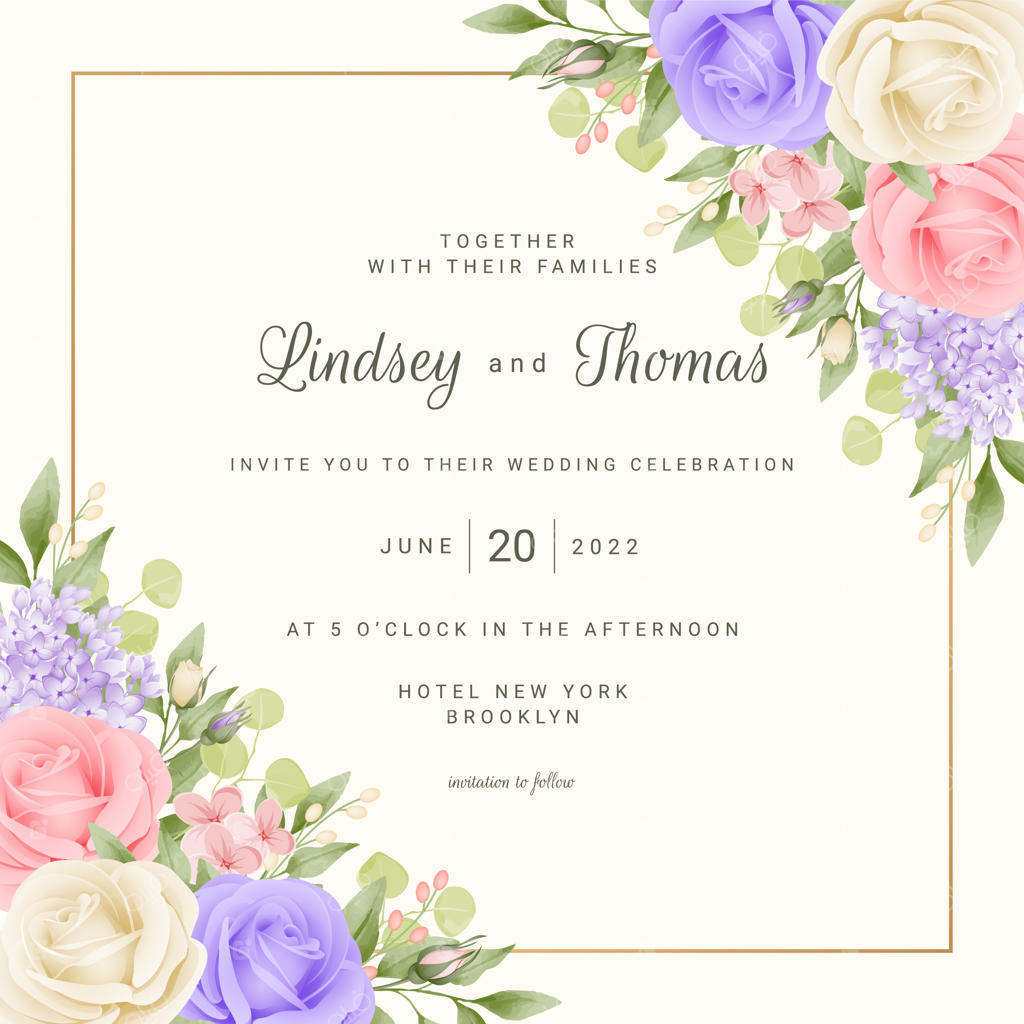 قالب کارت عروسی گلدار با گل‌های رز و قاب