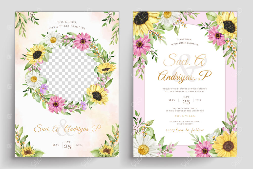 مجموعه کارت دعوت عروسی باسلیقه با طرح گل داوودی و آفتابگردان