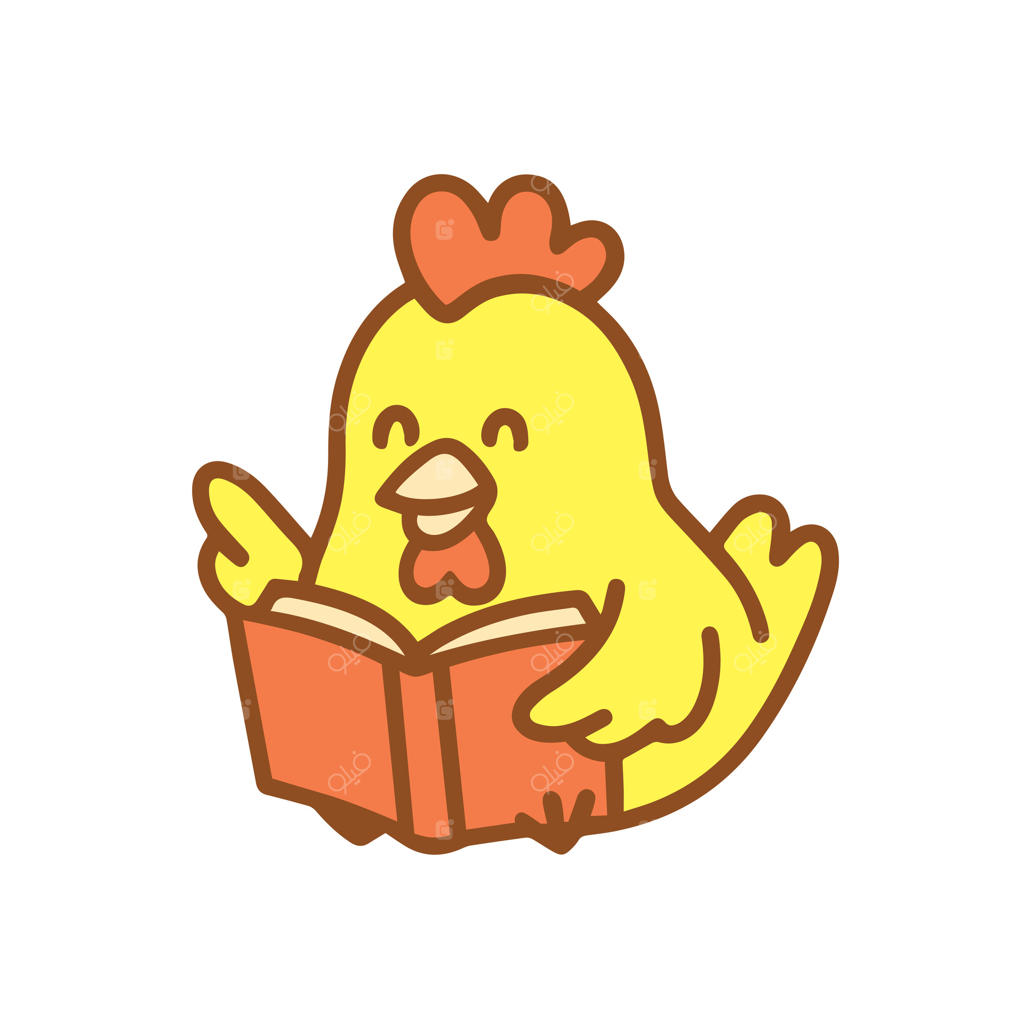یک جوجه زرد بامزه که کتاب می‌خواند و لبخند می‌زند.