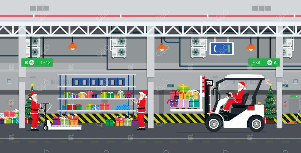 بابا نوئل در حال آماده‌سازی جعبه‌های هدیه برای ارسال در انبار است.
