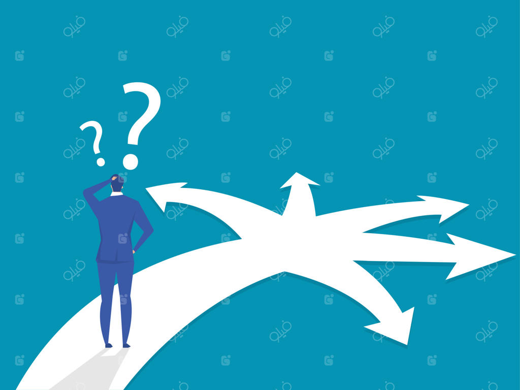 تاجر ایستاده در مقابل یک چهارراه با جاده‌ای که به چند مسیر مختلف به شکل فلش منشعب می‌شود.