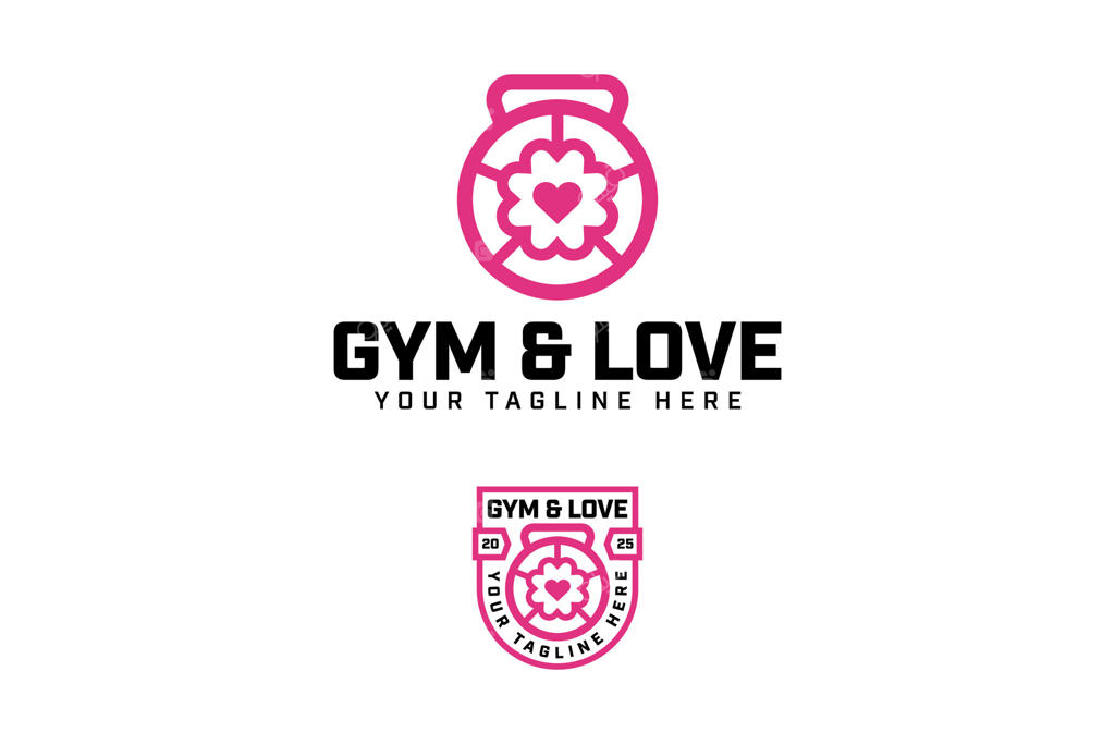 طراحی لوگوی مدرن برای باشگاه تناسب اندام با کتل‌بل در قالب گل و قلب عاشقانه. مجموعه لوگو برای باشگاه بدنسازی و وزنه‌برداری. طراحی نشان باشگاه تناسب اندام خانم‌ها.