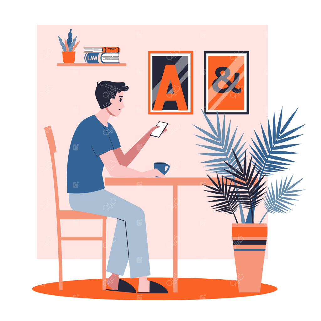 مردی که صبحانه می‌خورد: شخصیت مرد بالغ در حال نوشیدن چای. تصویرسازی به سبک کارتونی